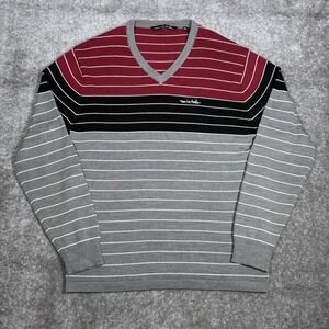 Travis Mathew Sweater Men's XL Gray Red Striped V Neck‎ Merino Wool Blend